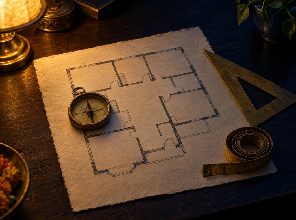 A hand-drawn floor plan with a brass compass, set square and measuring tape