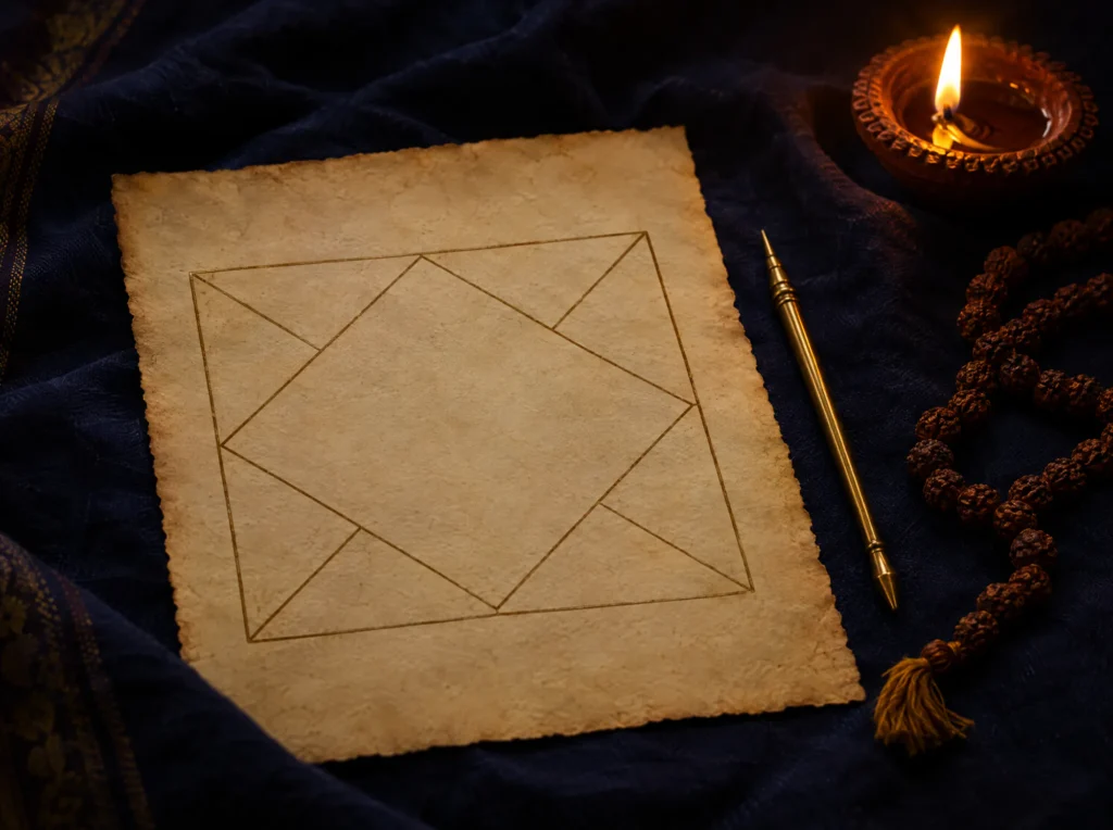 An empty birth-chart grid on parchment beside a brass stylus, rudraksha beads and a lit diya