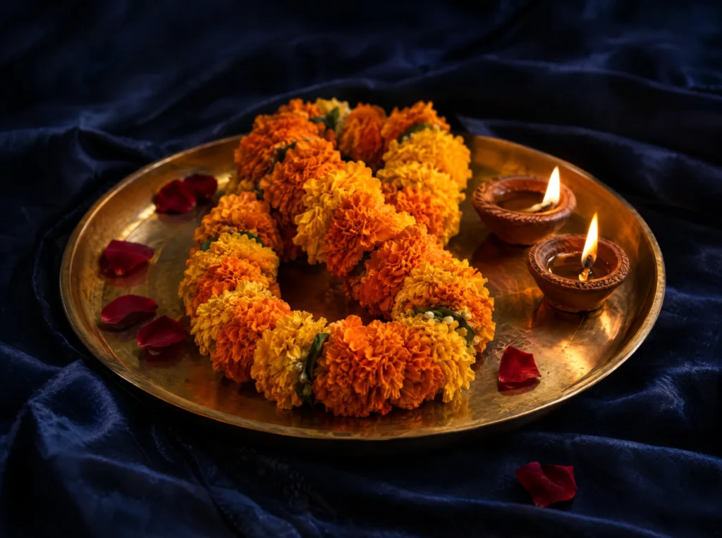 Two marigold garlands intertwined on a brass plate with two lit diyas