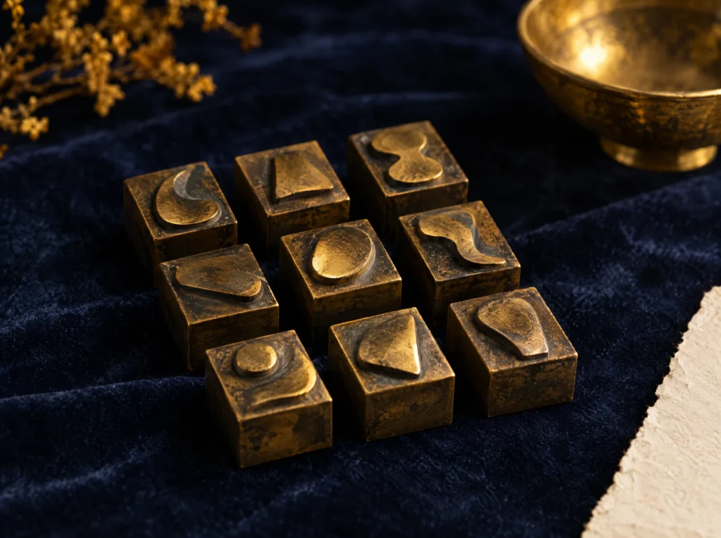Brass printing blocks arranged in a three-by-three grid on indigo velvet