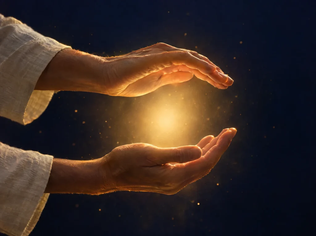 Two hands held apart with a soft glow of light between them