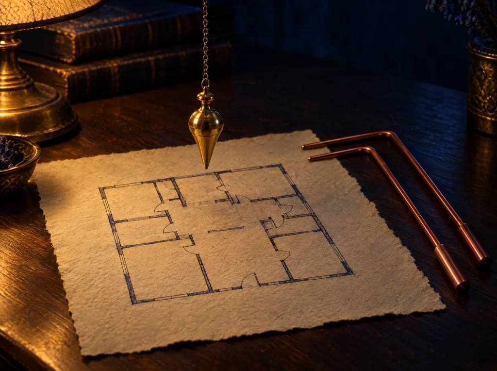 A brass pendulum above a floor plan, with copper dowsing rods beside it