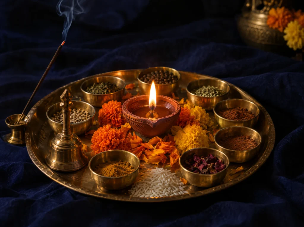 A brass puja thali with a lit diya, marigold petals, a bell and nine small bowls